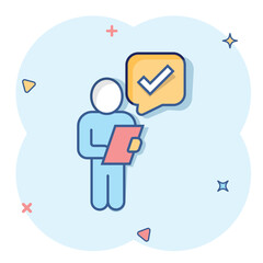 Organization management icon in comic style. People with check mark cartoon vector illustration on white isolated background. Businessman splash effect business concept.
