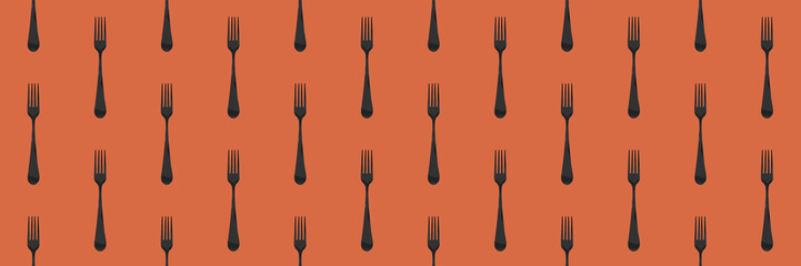 pattern. Fork top view on red orange background. Template for applying to surface. Banner for insertion into site. Flat lay. 3D image. 3D rendering.