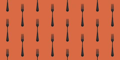 pattern. Fork top view on red orange background. Template for applying to surface. Banner for insertion into site. Flat lay. 3D image. 3D rendering.