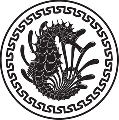 seahorse logo with floral frame vector design © master2d