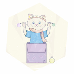 Сolorful cat pet standing in a big box and holding some Christmas balls. New year illustration with the image of the 2023 year symbol, kitten. Winter greeting card imaging smiling cat. 