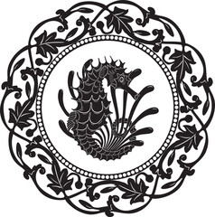 seahorse logo with floral frame vector design