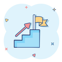 Stair with finish flag icon in comic style. Leadership challenge cartoon vector illustration on white background. Career growth splash effect business concept.