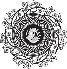 seahorse logo with floral frame vector design