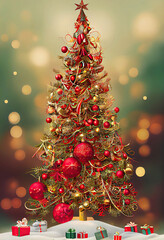 Beautiful Christmas tree with golden and red ornaments, beautiful bokeh background, AI generated illustration