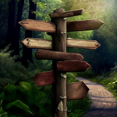 wooden signpost in the nature with a path