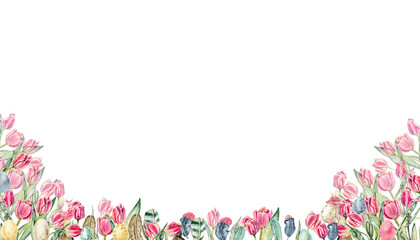 Floral seamless horizontal border with pink flowers, green leaves and plants, tulips. Watercolor pattern on a white background, panoramic illustration of a spring meadow.Perfect for for postcards.