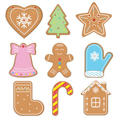 A large set of Christmas gingerbread: gingerbread houses, gingerbread man, snowflakes, sock, Christmas tree, bell, star, mitten. Vector illustration.