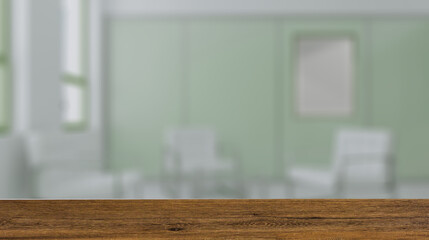 Modern office building interior. 3D rendering.. Mockup.   Empty. Background with empty wooden table. Flooring.