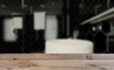 Scandinavian bathroom, classic  vintage interior design. 3D rend. Background with empty wooden table. Flooring.