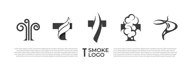 T letter logo and smoke effect. Set of logos for smoking brands with the letter T and smoke.