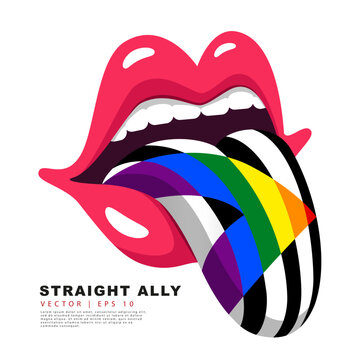 Red lips with a protruding tongue painted in the colors of the flag of a straight ally. Gender Equality. Colorful logo of one of the LGBT flags.