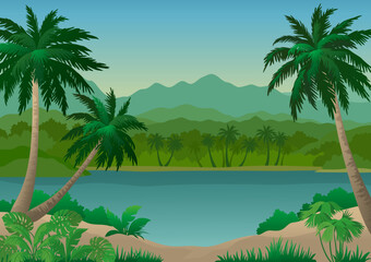 Exotic Sea Landscape, Tropical Island with Palm Trees and Mountains. Vector