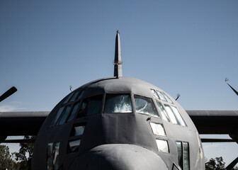 Air force AC-130 Hercules airplane from the front nose with sky in the background c-130 retired...