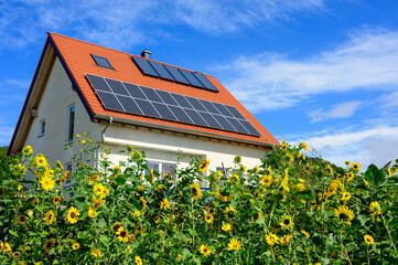 Modernes Solardach vor blauem Himmel mit Sonnenblumen im Vordergrund