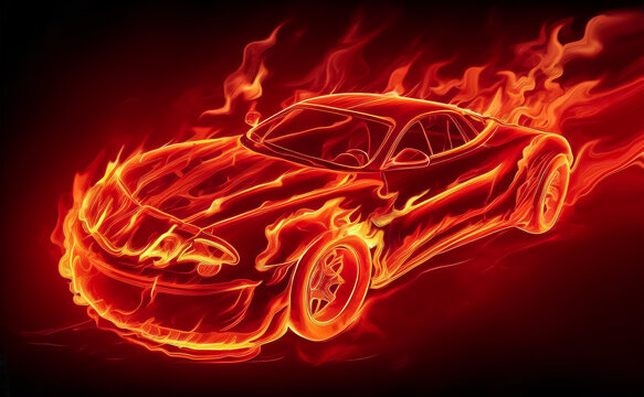 Fiery sports concept car engulfed in flames and painted with fire - digital drawing of an abstract car on a dark red background