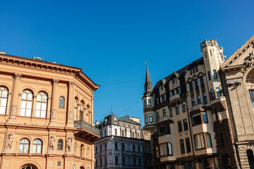 Building facades in the old town of Riga, Latvia
