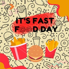 This illustration design is perfect
to celebrate Fast Food Day on November 16th. It's also also suitable for Graphic resource for social media posts and social media templates.