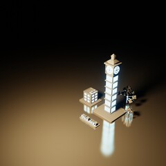 3d illustration England city view and Big ben as landmark and green space area in neon light style