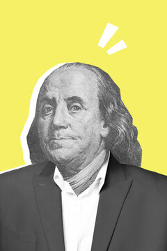 Vertical composite collage image of man formalwear dollars franklin face instead head isolated on yellow painted background