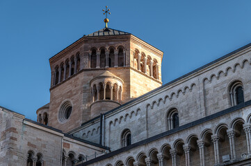 Fototapeta na wymiar Trento city: the Romanesque Trento Cathedral dedicated to San Vigilio, - was built outside the city walls presumably around the end of the fourth century - Trentino Alto Adige - iTALY