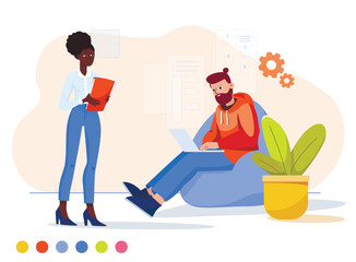 Flat illustration working in the office. Afro girl employee talking to a manager sitting on a pouffe with a laptop