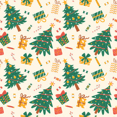 Seamless pattern with decorated Christmas trees, sweets and presents