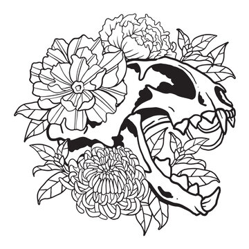 Floral Crysanthemum Flower Cat Skull Illustration Coloring Page