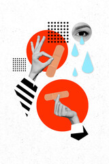 Vertical collage picture of human body parts two arms black white effect hold medical patch eye crying isolated on painted background