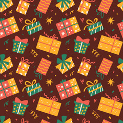 Seamless pattern with Christmas presents, various wrapped gift boxes