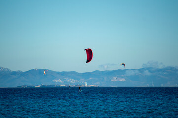 Kitesurfing on Valdevaqueros beach, Gibraltar Strait, Spain