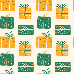 Seamless pattern with Christmas presents, various wrapped gift boxes