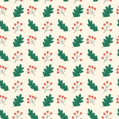 Seamless pattern with Christmas plants, fir-tree branches, holy tree berries