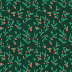 Seamless pattern with Christmas plants, holy tree leaves and berries © fakeglue