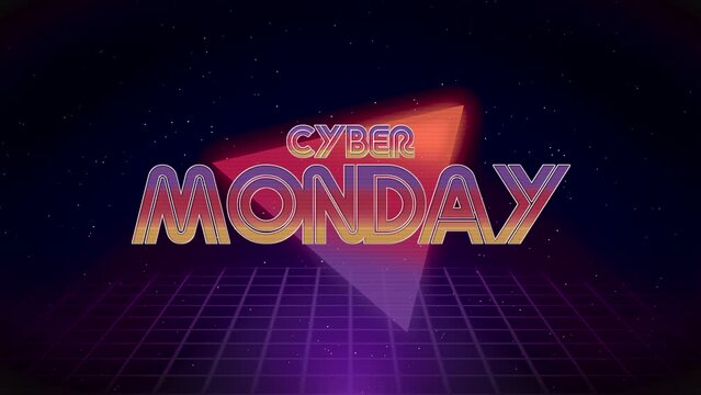 Cyber Monday with retro triangle and purple grid in dark galaxy, motion abstract holidays, retro and business style background