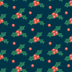 Seamless pattern with Christmas plants, holy tree leaves and berries.