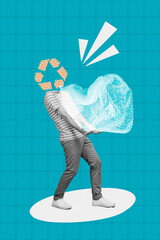 Vertical creative collage photo illustration of headless guy holding plastic bag processing waste...