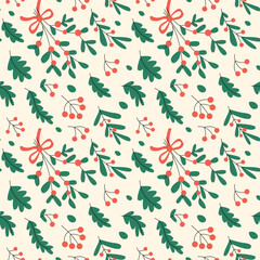 Seamless pattern with Christmas plants, fir-tree branches, holy tree berries
