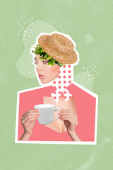 Exclusive painting magazine sketch image of dreamy girl plant grass instead of hair enjoy beverage...