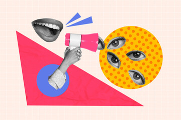 Collage photo of abstract creative imagination lips screaming loud information eyes addicted people...
