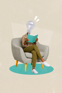 Vertical banner collage of man lamp instead head sit read book wear casual cloth isolated on painting grey color background