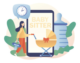 Babysitter service online. Babysitting club. Nanny occupation. Childcare assistance. Family and nursery. Modern flat cartoon style. Vector illustration on white background