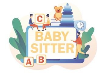 Babysitter service online. Nanny occupation. Babysitting club. Childcare assistance. Family and nursery. Modern flat cartoon style. Vector illustration on white background
