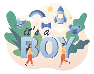 It's a Boy. Baby shower celebration. Gender reveal party. Modern flat cartoon style. Vector illustration on white background
