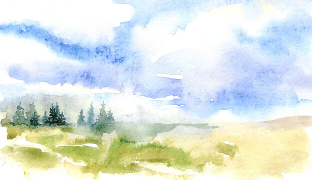Watercolor landscape with forest and field. Hand-drawn illustration isolated on the white background