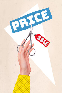 Collage 3d image of pinup pop retro sketch of hand holding scissors cut price sale label trade selling good black friday advertising