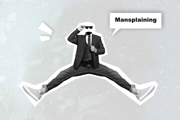 Poster collage of man without head mansplaining isolated on painting grey color background
