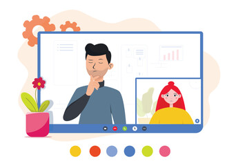 Flat illustration video conference remote meeting disgruntled boss and employee