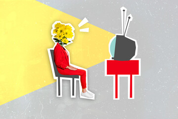 Creative collage picture of person sit chair flowers instead head watch tv isolated on drawing background