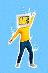 Vertical creative collage photo illustration of headless energetic crazy guy dancing in night club...